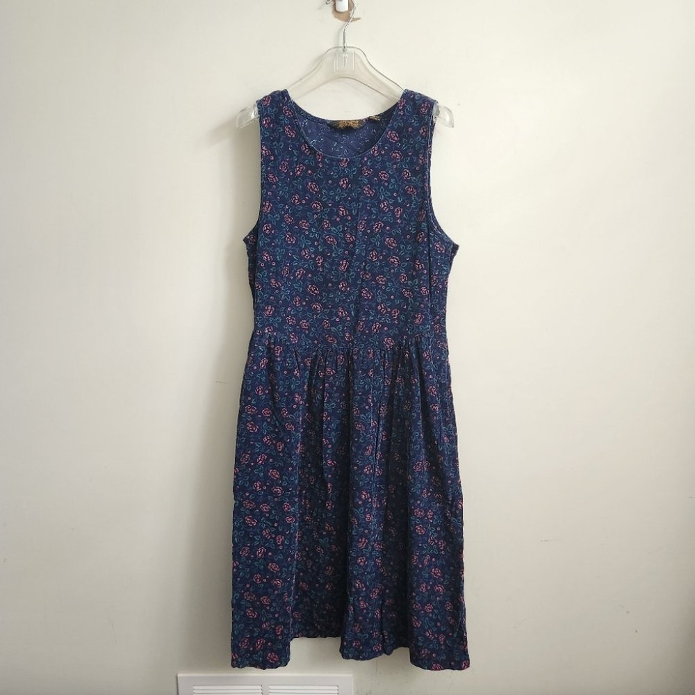 EDDIE BAUER | VINTAGE Corduroy dress floral navy pink sz M